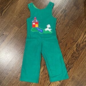 Vintage Green Kids Overalls with House and Puppy Dog.